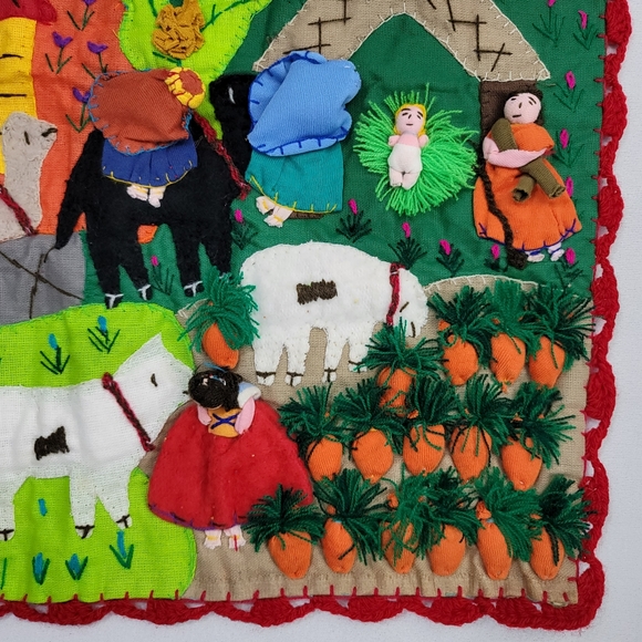 Vtg Handmade Peruvian Folk Art Nativity Scene Cotton Arpilleria - 3D Fabric Art - Picture 3 of 16